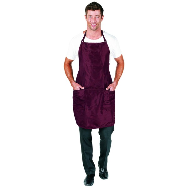 Betty Dain Premier Barber Apron, Water Resistant, Ultra Lightweight Crinkle Antron Nylon, Repels Hair, Pockets with Zippered Bottoms, Multi-Compartment Chest Pocket, Adjustable Neck Strap, Burgundy