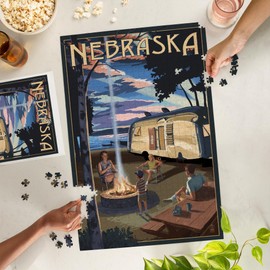 Lantern Press 1000 Piece Jigsaw Puzzle, Nebraska, Retro Camper and Lake