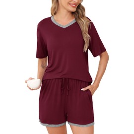 Wikoan Women's Short Shorty Pyjamas, Summer Sleepwear, Two-Piece Pyjamas, Short Sleeve, V Neck Pyjamas, Top and Shorts, S-XXL, Burgundy red, M
