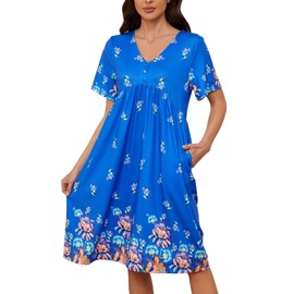 CRIPOM House Dress for Women with Pockets Nightgown Mumu Lounge Dresses in Summer for Ladies Royal Blue L