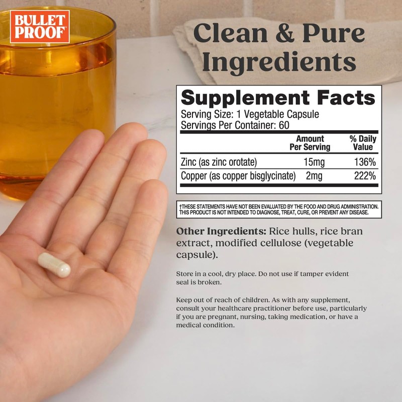 Bulletproof Zinc with Copper Capsules, 60 Count, Minerals and Antioxidant