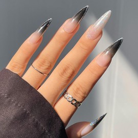 Glitter Press on Nails Long Stiletto Black French Fake Nails Shiny Nails Long Ballerina Artificial Acrylic Nails Reusable False Nails with Glue on Nails Natural Stick on Nails for Women Charm Manicure