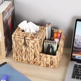 BSTKEY Water Hyacinth Square Facial Tissue Box with Lid, Household Woven Napkin Box Tissue Paper Holder with 2 Multi-function Organizer Side Pockets for Remote Control Vanity Makeup Cosmetic Pencil