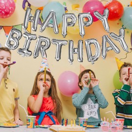 Tiny Pets Happy Birthday Balloons Banner, 16 Inch Mylar Foil Letters Sign, Reusable Happy Birthday Balloons for Unisex Adults, Silver