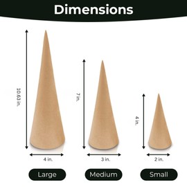 Paper Mache Craft Cones Variety Pack- 3 Sizes- 10.63 x 4 Inch, 7 X 3 Inch, 4 x 2 Inch- Set of 12