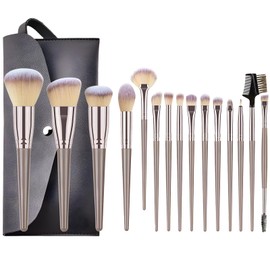 Makeup Brushes, 15Pcs Professional Makeup Brush Set with PU Leather Cosmetic Bag, All in One Kit Face Powder Blusher Eyeshadow Eye Brow Contour Blending Make Up Brush, Champagne Gold