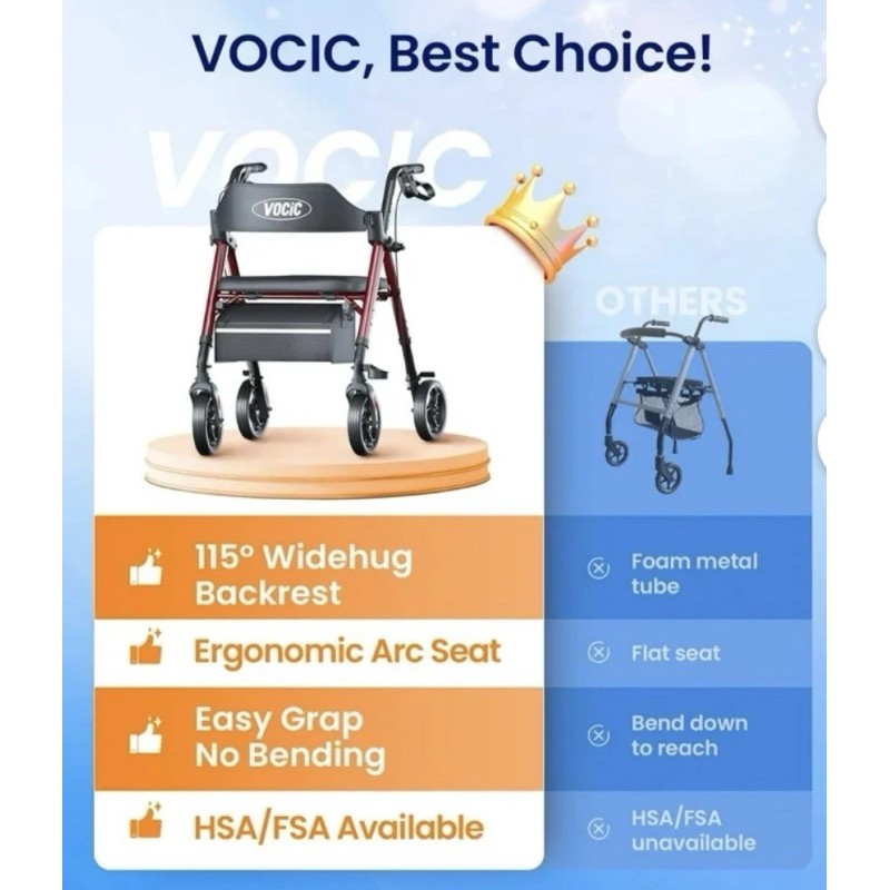VOCIC Foldable Rollator Walker Seniors Padded Seat Backrest 8" Wheel