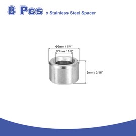 uxcell 8Pcs 304 Stainless Steel Spacer 1/4" OD x 1/8" ID x 3/16" Length(6x3x5mm) Screw Standoff Bushing Plain Finish Unthreaded Round Metal Spacer for M3 Screws Bolts and Rods, Silver