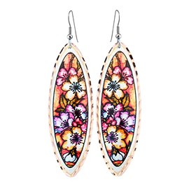 FRONT LINE JEWELRY Blossom Earrings showcase jewelry featuring almond tree blossoms, red flower teardrop earrings, and colorful floral designs.