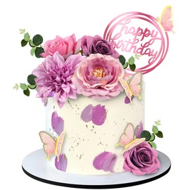 BANBALLON 20 piezas de decoración para tartas de mariposa decoración para tartas de feliz cumpleaños flores rosas y moradas mariposas de eucalipto para fiestas de cumpleaños bodas (rosa morado)