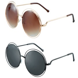 YEIN 2 Pack Round Sunglasses for Men Women Retro Metal Hippie Steampunk Circle Style Sun Glasses UV Protection(Brown + Black)