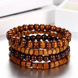 Flongo Mens Womens Unisex 4PCS Bracelet Set, Wooden Bead Mantra Buddhist Link Wrist Bracelet Elastic