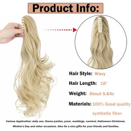 Mitrygreen Claw Clip Ponytail Extension 18" Clip in Wavy Ponytail Hair Extensions Long Pony Tails for Women Extensions Light Blonde Mix Bleach Blonde Wave Hairpiece