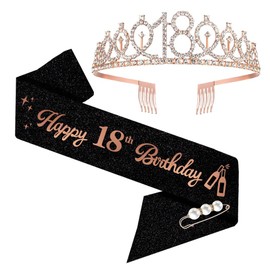 18th Birthday Sash and Tiara, 18th Birthday Rhinestone Crown Birthday Gift for Girls 18th birthday decorations (Rose Gold)