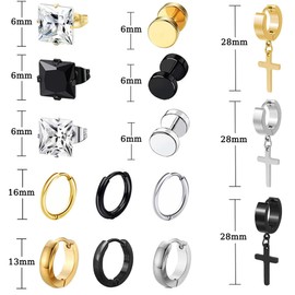 BVLAGIDA 15 Pairs Men's Earrings, Stainless Steel Hoop Earrings, Cross Pendant Earrings Set, Fake Plugs Earrings, Cubic Zirconia Stud Earrings for Men Women, Silver/Gold/Black, Stainless Steel