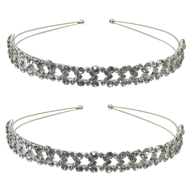 Set of 2 Bella Metal Headbands Silvery Crystal White Hair Bands Heart to Heart Design AD86121-6722-2