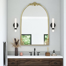 POZINO Gold Traditional Arched Mirror, Baroque Inspired Wall Mirror, Ornate Antique Mirrors, Vintage Carved Mantel Mirrors for Bathroom Bedroom Entryway, 24" x36