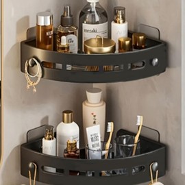 Pack of 2 Shower Shelves, No Drilling, Shower Shelf Corner with Hooks, Bathroom Shelf Organiser, Shower Shelf Organiser for Bathroom, Kitchen, Toilet, Shampoo, Shower Gel Holder for Shower (Black)