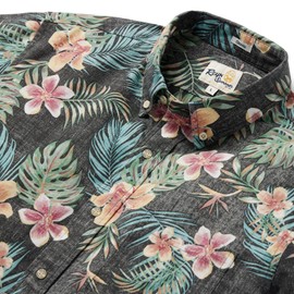 Reyn Spooner Tropical Blooms Button Front Floral Hawaiian Aloha Shirt, Black, L