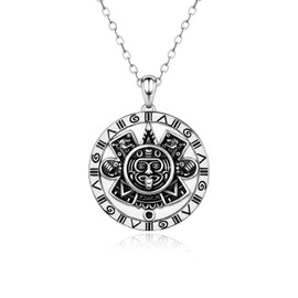 Tufeney 925 Sterling Silver Aztec Necklace - Round Aztec Mayan Calendar Charm Pendant Mayan Jewelry Gifts for Women Men