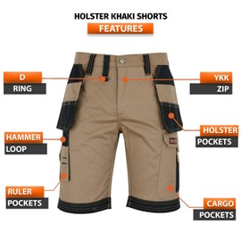 WrightFits Men Holster Work Shorts - Heavy Duty Safety Combat Cargo Summer Shorts - Multi Pockets - Triple Stitched - Durable Workwear Khaki 38 W