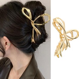 Gold Ribbon Bow Hair Clips - Alloy Non-Slip Claw Clips with Strong Hold Grip for Thick, Thin Hair Accessories (1Pcs)