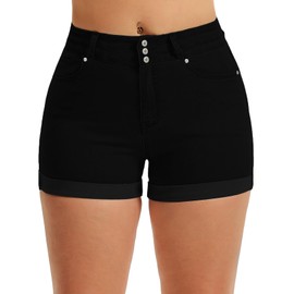 Pnadty Women's High Waisted Fashion Denim Shorts Summer Folded Hem Jean Shorts 3 Button(Black,Medium)