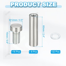 PATIKIL 1/2" x 2.4" Standoff Screws, 8Pcs Stainless Steel Double Head Screw Stand Off Wall Mount Hardware Advertising Nail for Hanging Acrylic Picture Frame