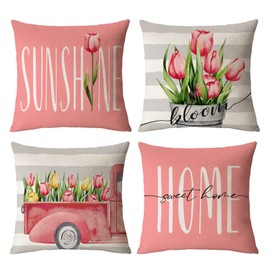 Tulip Pillow Covers 18x18 Set of 4 Spring Summer Throw Pillow Covers Pink Flower Pillow Covers Cushion Covers Square Cotton Linen Pillow Cases for Sofa Couch Outdoor Home Decorations(18 Inch)