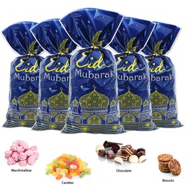 Ramadan Eid Mubarak Gift Bags with Twist Ties,100 Pcs Blue Gold Eid Party Cellophane Treat Bags Castle Moon Star Goodie Cookie Bags for Muslim Islam Eid Iftar Corban Festival Party Favor Bags