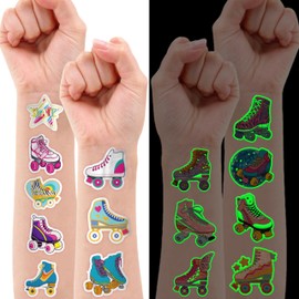 96 PCS Roller Skate Skating Pre-Cut Luminous Temporary Tattoos Themed Birthday Party Favors Decorations Supplies Decor Retro 80s 90s Disco Glow In The Dark Tattoo Stickers Gifts For Boys Girls Class