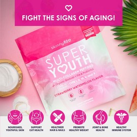 SkinnyFit - Super Youth, Strawberry Watermelon (30 Servings) - Multi Collagen Peptides Powder - Probiotics, Fiber, Hyaluronic Acid - Collagen for Women - Non GMO, Gluten Free, Sugar Free - Self Care