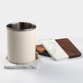 4Pcs Marble Wood Splicing Coasters for Drinks - Square Natural Wood Drink Coasters Set Modern Home Decor, Suitable for Desktop Decoration Such As Coffee, Tea, and Beverages (White)