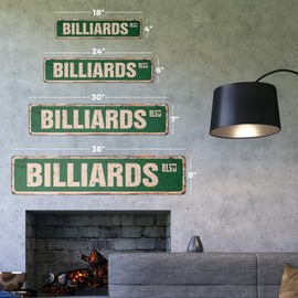 Billiards Vintage Aluminum Street Sign Foosball Pool cue pooltable Darts Rustic Metal tin | Indoor/Outdoor | 18" Wide