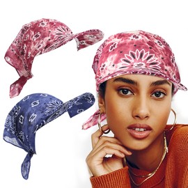 Urieo 2 pcs Boho Brim Bandana Cap Paisley Bandana Head Scarf Hat Sun Visor Printed Tied Headwear Outdoor Beach Newsboy Cap for Women Blue