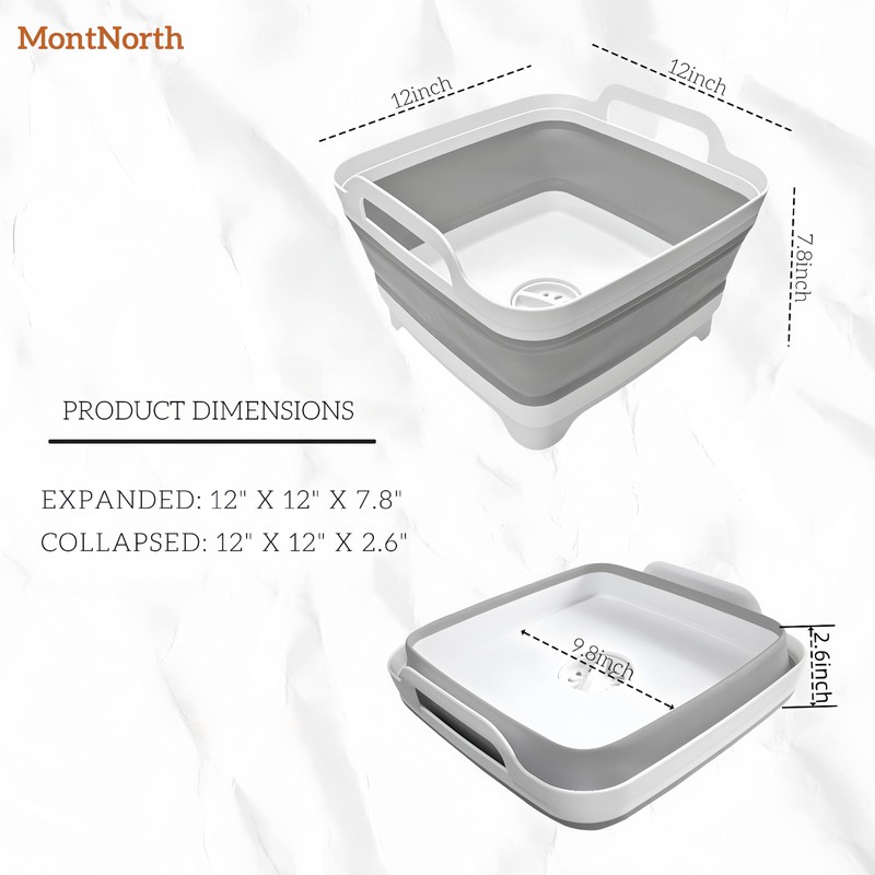 MontNorth Collapsible Wash Basin 9L, Foldable Dish Tub with Drain