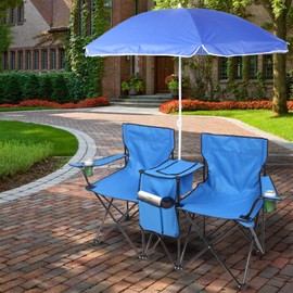 CIPACHO Beach Chair with Umbrella, Portable Outdoor 2-Seat Folding Chair, Foldable Camping Chair Lawn Chair with Beverage Holder, Cooler Bag for Fishing Picnic Travel, Blue