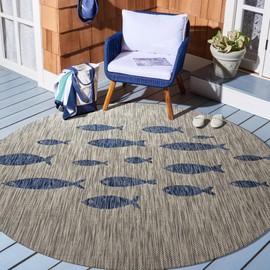 LR Home 8ft Round Indoor/Outdoor Area Rug for Home Decor | Coastal School of Fish Large Size Carpet for Living Room, Bedroom, Playroom, Patio, Garden | Nautical Farmhouse Rug | Gray/Navy