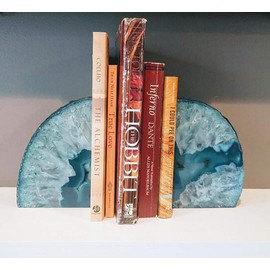 JIC Gem Book Ends Teal Agate Bookends for Shelves Decorative Geode Bookends to Hold Books Heavy Duty Home Decor with Rubber Bumpers(1 Pair, 4-6 LBS)