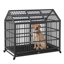 Heavy Duty Dog Crate, 52 Inch Dog Crate with Double Door, 360° Lockable Wheels and Removable Tray, Easy to Assembly，Indoor Dog Cage for Small Medium Large Dogs