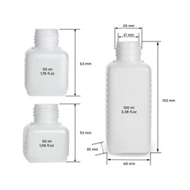 Octopus plastic bottles 2x 30 ml, 2x 50 ml and 2x 100 ml, HDPE plastic bottles with 6 colorful screw caps, square bottles incl. labels
