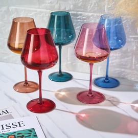 Khen Flower Blooms Colored Crystal Wine Glass Set of 5, Large 20 OZ Glasses, Color Blooms Unique Italian Style Tall Stemmed Drinkware for Red & White Wine, Water Dinner Gift, Beautiful Gifts Glassware