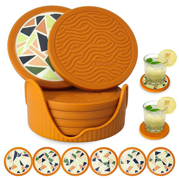 6-Pack Terazzo Silicone Coasters with Deep Tray Holder - Double-Sided
