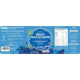Multivitamínico Heally para Hombre, 72 Gomitas, Sabor Mora Azul, Con Omega-3, Vitaminas A, B, C y E, L-Teanina y Probióticos | 100% Natural, Sin Azúcar y Sin Gluten | 36 días de duración