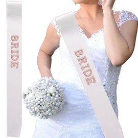 Bride Sash with Pearls and Rhinestones, Bride to be Sash, Bachelorette Party Sash, Bridal Shower Gift Wedding Decorations, White and Pink (1)