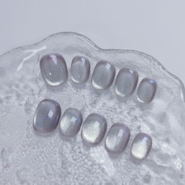 Cat Eye Press on Nails Handmade Short Oval/Square/Round False Nails with French Tip/Aurora/Magnetic Shimmer Designs (Glitter#Flowering Shrubs, Small)