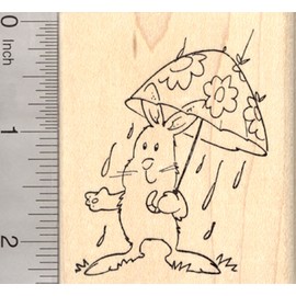 Spring Rabbit Rubber Stamp, in Rain with Umbrella, Easter Bunny