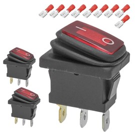 3-Pack Waterproof Rocker Toggle Switch with Red Light, ON/Off SPST 3Pin Illuminated Lighted Boat Switches for Home Auto Car Marine Boat, KCD1-101