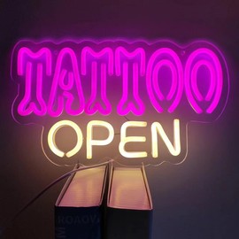 HFHungkeong Pink Tattoo Shop Neon Sign Warm White Open LED Neon Light with Dimmable Switch, Arylic Tattoo Shop Sign, Luminous Banner for Tattoo Salon, Studio, Shop Plaque, 35 x 20 cm