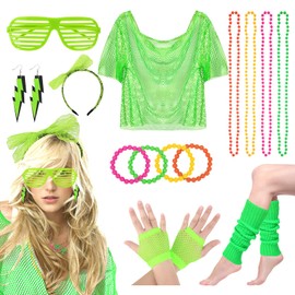 GADITIEK 80s Outfit Women's Festival Rave 90s, Malle Accessories, Schlager Mallorca Party Costume Neon, Bad Taste 80s Clothing Mesh Shirt Theme Party, 2000s Mesh Top, Aerobic Top (Green)